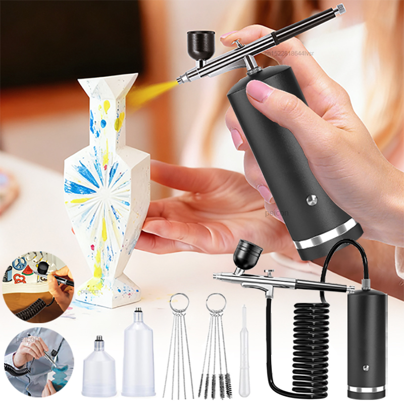 Airbrush Kit With Mini Compressor - แอร์บรัชพร้อมคอมเพรสเซอร์ ปืนพ่นสี แอร์บรัชเพ้นท์ติ้ง ปืนพ่นสีขนาดเล็กสำหรับงานเพ้นท์โมเดล งานฝีมือ ชุดแอร์บรัชพร้อมคอมเพรสเซอร์