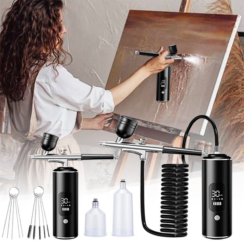 Airbrush Kit With Mini Compressor - แอร์บรัชพร้อมคอมเพรสเซอร์แอร์บรัชจิตรกรรมปืนสเปรย์ขนาดเล็กสําหรับจิตรกรรมไร้สายแบบพกพาสีปืนชุดแอร์บรัชพร้อมคอมเพรสเซอร์