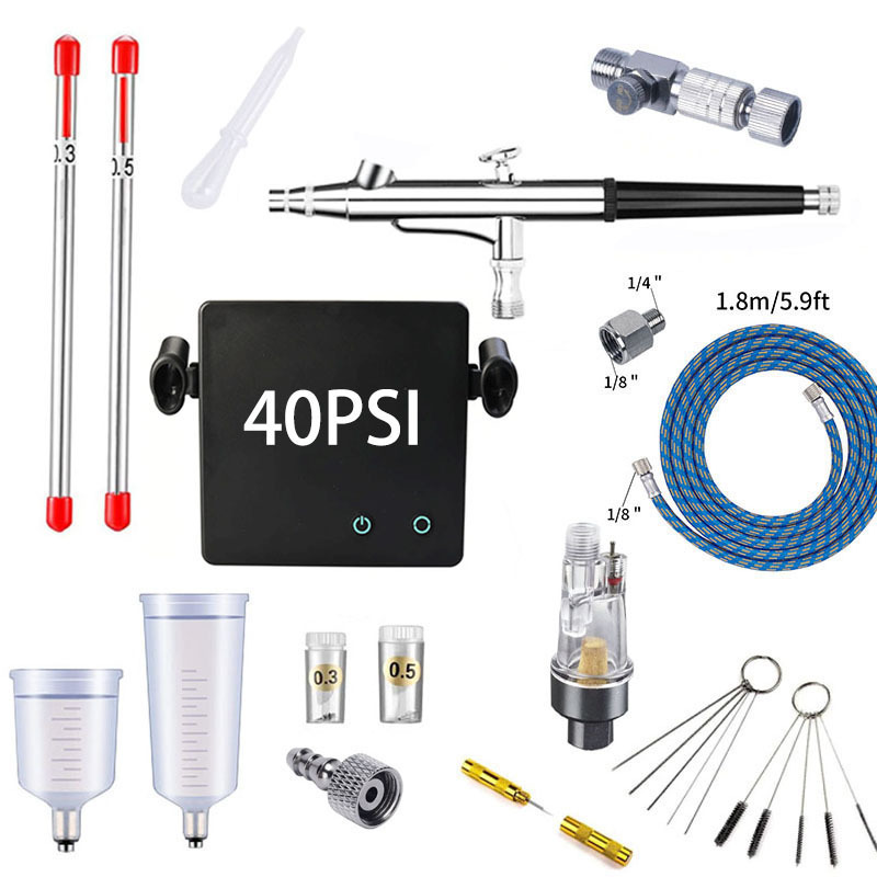 Airbrush Kit With Mini Compressor - ชุดปืนพ่นสีแอร์บรัช T001A, ชุดแอร์บรัชพร้อมเครื่องอัดอากาศสำหรับงานเพ้นท์, งานเพ้นท์เล็บ, รอยสักชั่วคราว และซ่อมแซมเฟอร์นิเจอร์
