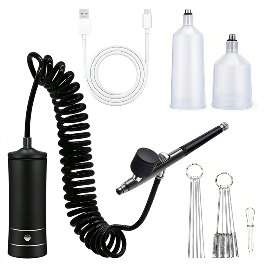 Airbrush Kit With Mini Compressor - ชุดแอร์บรัชแบบพกพาพร้อมคอมเพรสเซอร์ แปรงลมสำหรับทำความสะอาด สำหรับงานเพ้นท์ งานทำเล็บ งานระบายสีโมเดล และแต่งหน้า