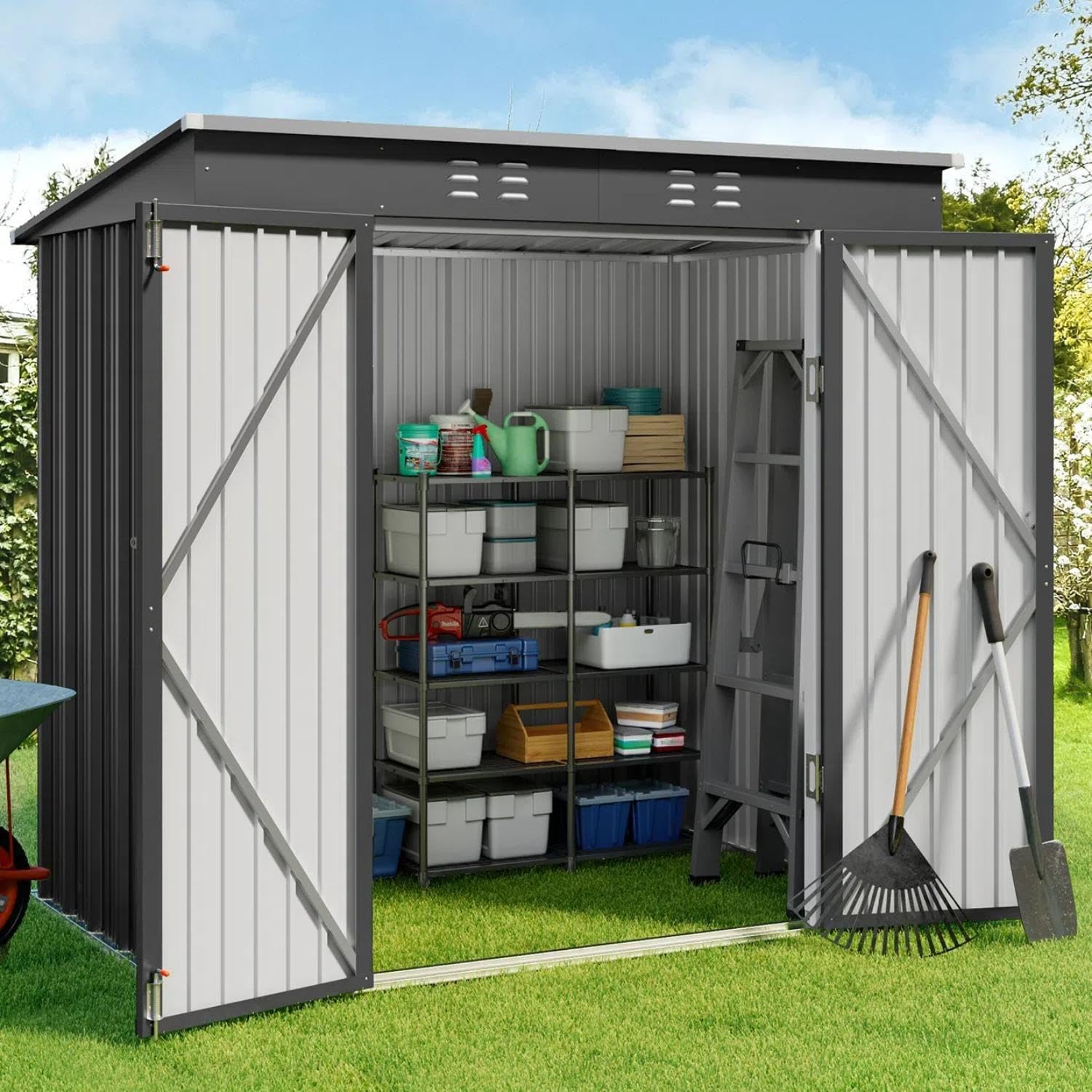 โรงเก็บของกลางแจ้งโลหะ ขนาด 6x - Garden Tools บทวิจารณ์และราคา